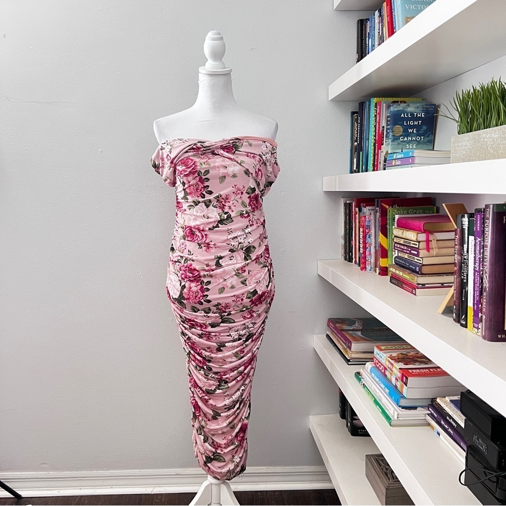 Pink Floral Off Shoulder Ruched Maternity Midi Dress size 6 - Picture 4 of 16